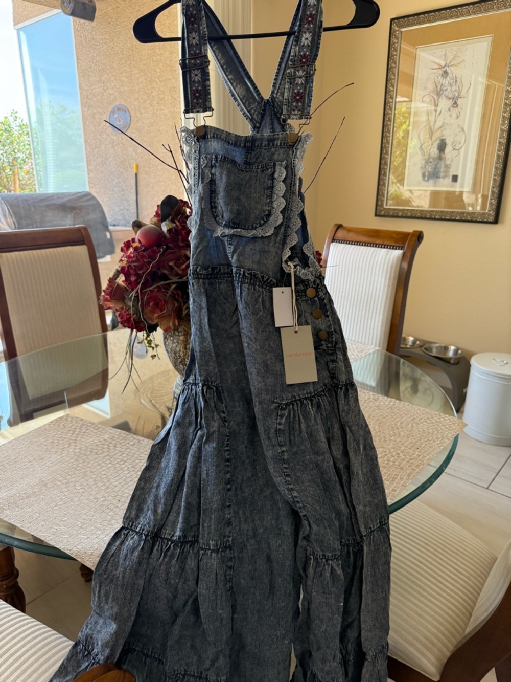 Free People Washed Black Denim Tiered Jumper Dress with Embroidered Straps - Picture 2 of 5